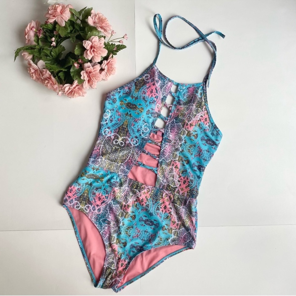 YMI Blue Multicolored Boho Lace Up Halter One Piece Swimsuit